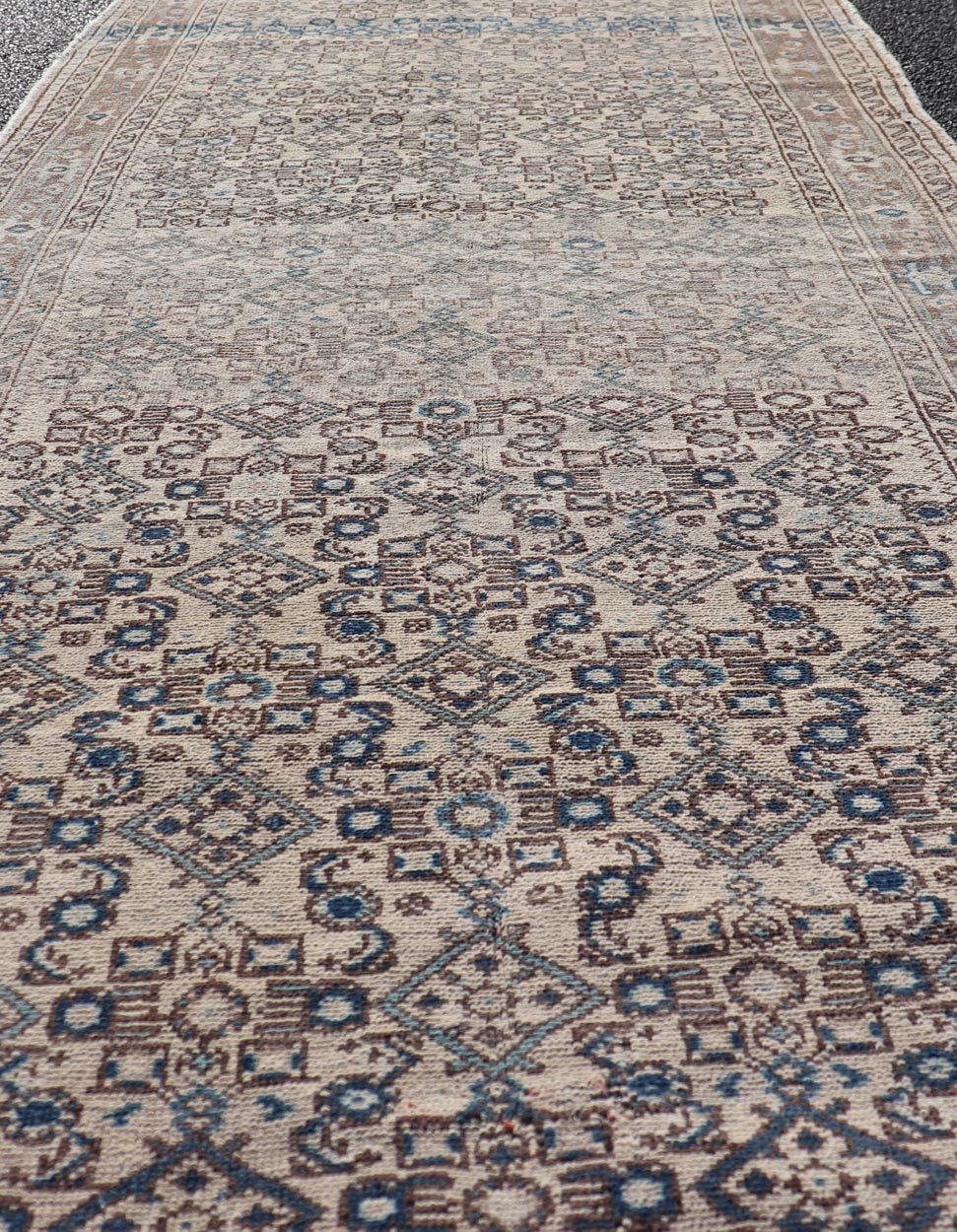 Vintage Persian Hamadan Runner in Cool Tones of Light Blue, Ivory, and L. Brown. Country of Origin: Iran; Type: Hamedan; Design: Floral, Persian Floral, All - Over; Keivan Woven Arts: rug MSE - 1944. Measures: 3'7 x 9'8 This vintage Persian runner f... - Keivan Woven ArtsMSE - 1944 - 25581Rug