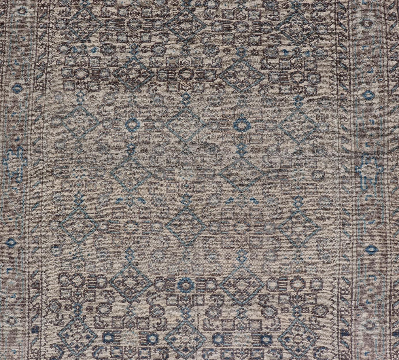 Vintage Persian Hamadan Runner in Cool Tones of Light Blue, Ivory, and L. Brown. Country of Origin: Iran; Type: Hamedan; Design: Floral, Persian Floral, All - Over; Keivan Woven Arts: rug MSE - 1944. Measures: 3'7 x 9'8 This vintage Persian runner f... - Keivan Woven ArtsMSE - 1944 - 25581Rug