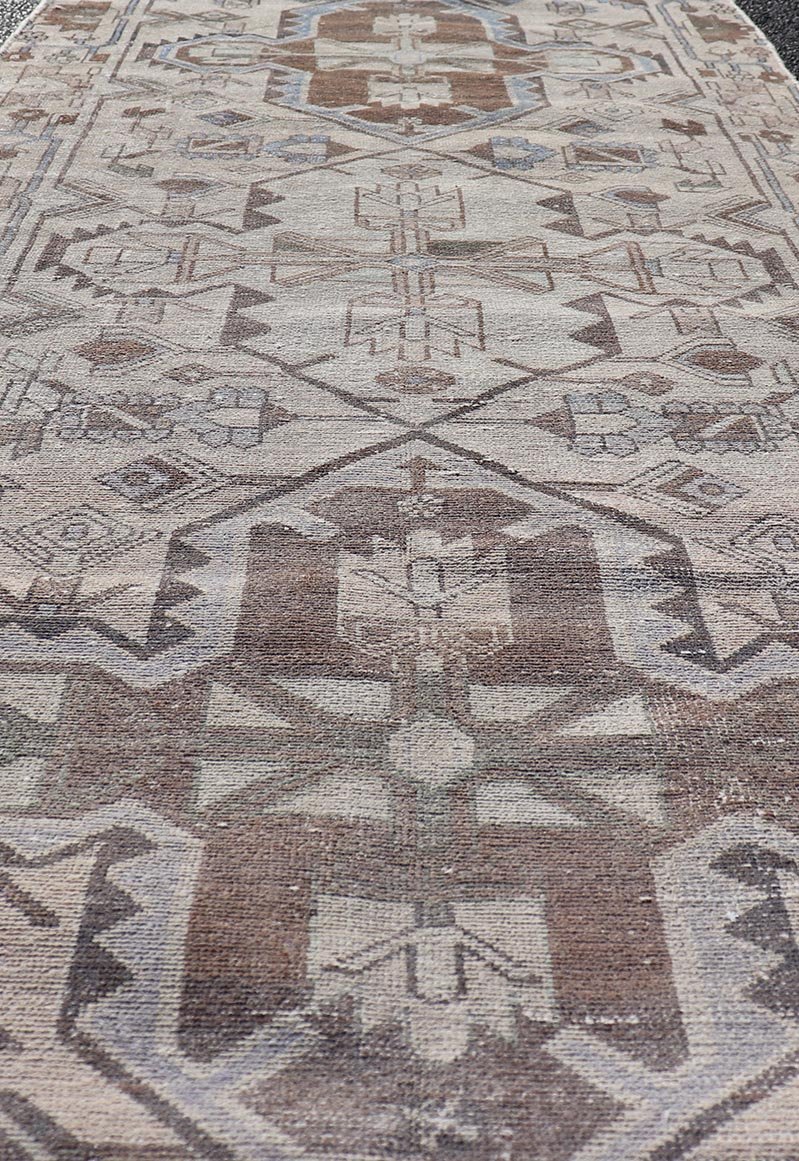 Vintage Persian Hamadan Runner with Medallions in Cream, Light Grey and Lt Blue. Keivan Woven Arts rug MSE - 1951, country of origin / type: Iran / Hamadan, circa mid - 20th century. Measures: 3'6 x 10'1 This magnificent Persian rug from the mid - 20... - Keivan Woven ArtsMSE - 1951 - 25587Rug