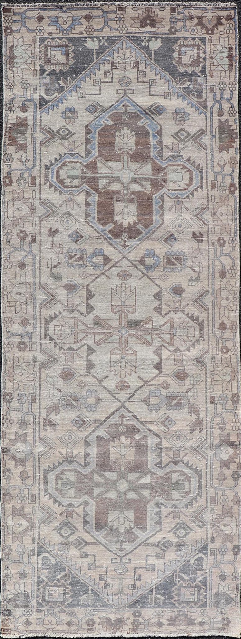 Vintage Persian Hamadan Runner with Medallions in Cream, Light Grey and Lt Blue. Keivan Woven Arts rug MSE - 1951, country of origin / type: Iran / Hamadan, circa mid - 20th century. Measures: 3'6 x 10'1 This magnificent Persian rug from the mid - 20... - Keivan Woven ArtsMSE - 1951 - 25587Rug