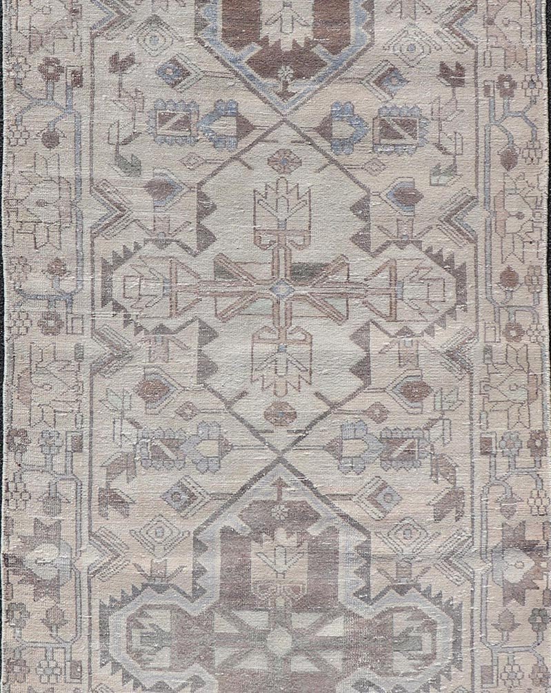 Vintage Persian Hamadan Runner with Medallions in Cream, Light Grey and Lt Blue. Keivan Woven Arts rug MSE - 1951, country of origin / type: Iran / Hamadan, circa mid - 20th century. Measures: 3'6 x 10'1 This magnificent Persian rug from the mid - 20... - Keivan Woven ArtsMSE - 1951 - 25587Rug