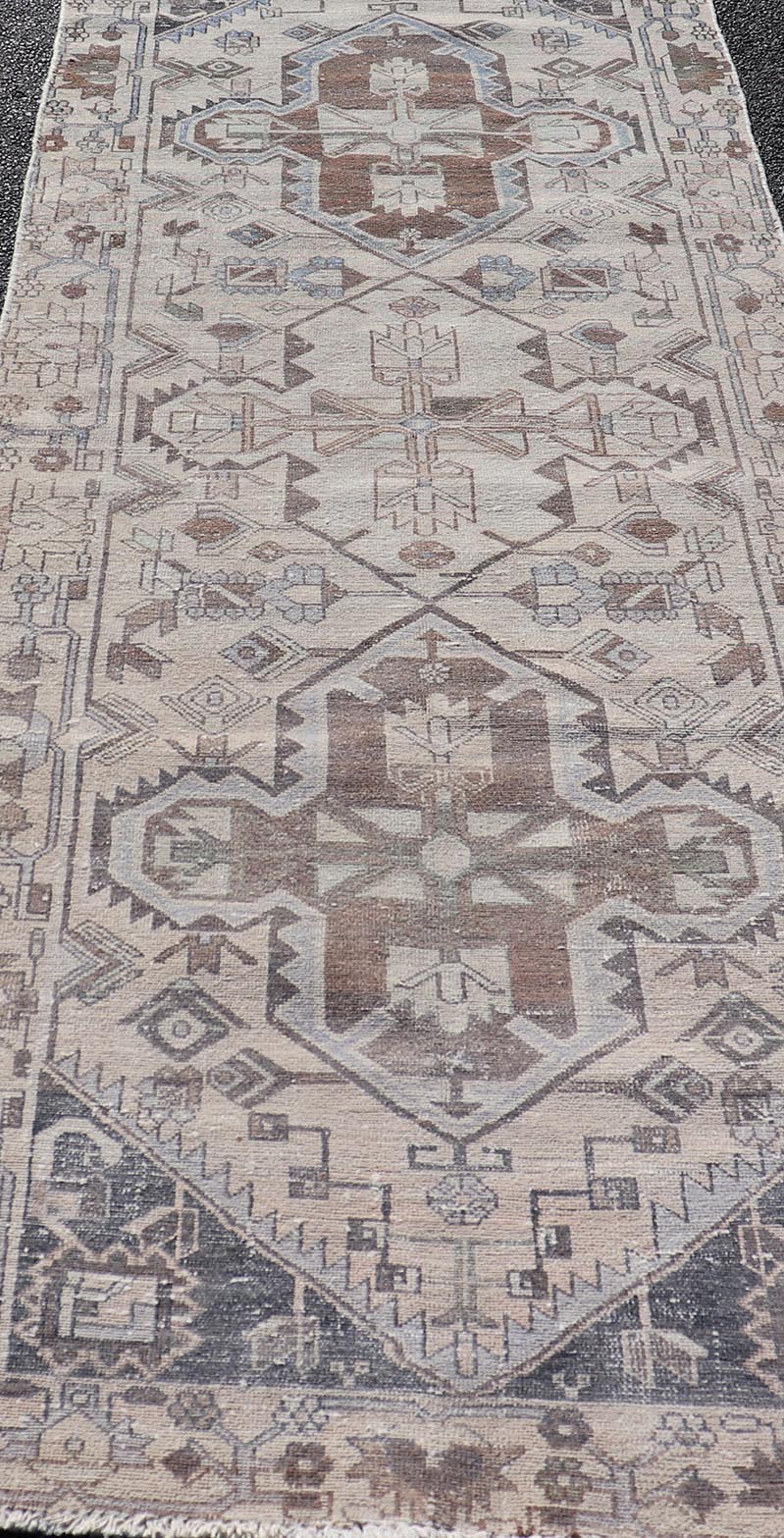 Vintage Persian Hamadan Runner with Medallions in Cream, Light Grey and Lt Blue. Keivan Woven Arts rug MSE - 1951, country of origin / type: Iran / Hamadan, circa mid - 20th century. Measures: 3'6 x 10'1 This magnificent Persian rug from the mid - 20... - Keivan Woven ArtsMSE - 1951 - 25587Rug
