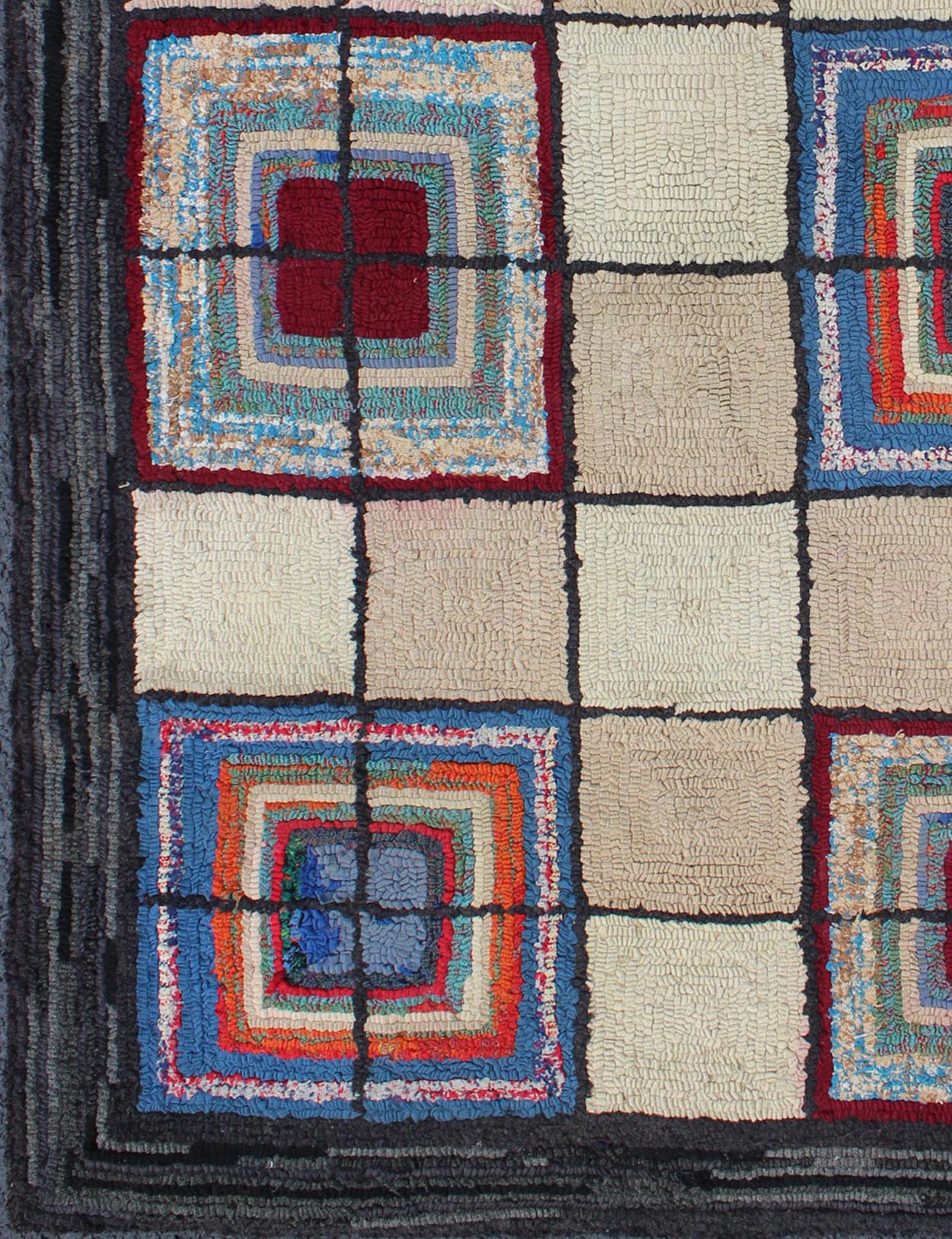 Checkerboard Vintage American Hooked Rug with Geometric Cross Designs. Ingenious in style, color and composition, the features in this spectacular, antique American Hooked rug create an illusion of depth and texture. The beautifully colorful ch... - Keivan Woven ArtsN15 - 0303 - 56Rug