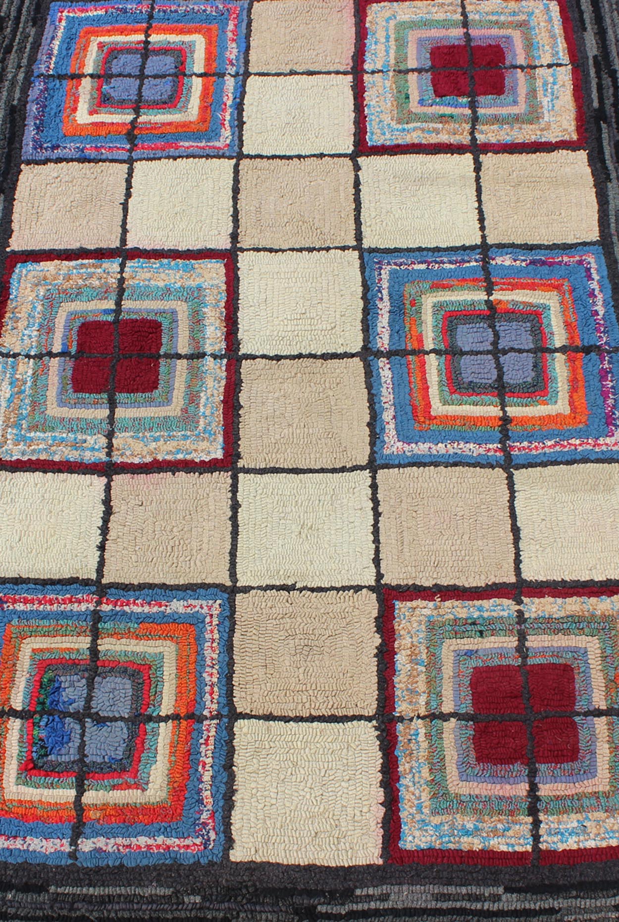 Checkerboard Vintage American Hooked Rug with Geometric Cross Designs. Ingenious in style, color and composition, the features in this spectacular, antique American Hooked rug create an illusion of depth and texture. The beautifully colorful ch... - Keivan Woven ArtsN15 - 0303 - 56Rug