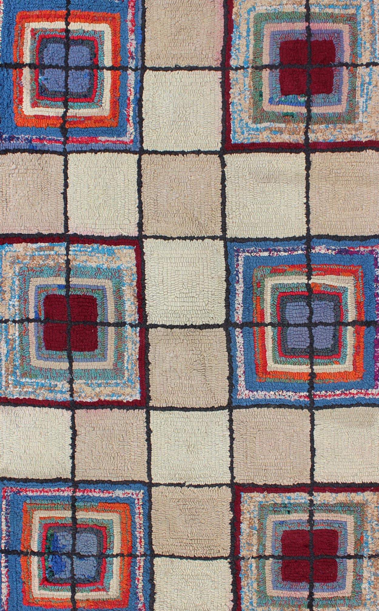 Checkerboard Vintage American Hooked Rug with Geometric Cross Designs. Ingenious in style, color and composition, the features in this spectacular, antique American Hooked rug create an illusion of depth and texture. The beautifully colorful ch... - Keivan Woven ArtsN15 - 0303 - 56Rug