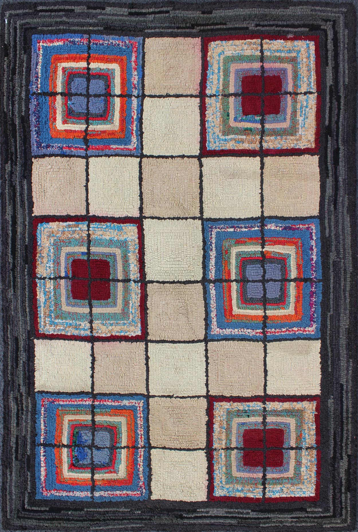 Checkerboard Vintage American Hooked Rug with Geometric Cross Designs. Ingenious in style, color and composition, the features in this spectacular, antique American Hooked rug create an illusion of depth and texture. The beautifully colorful ch... - Keivan Woven ArtsN15 - 0303 - 56Rug