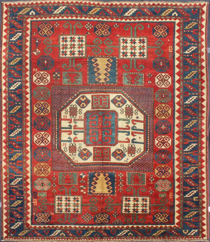 Antique Kazak Karachopf Rug with Octagon Medallion in Red, Blue and Green Tones. Keivan Woven Arts / rug N15 - 0306, country of origin / type: Caucus / Karachopf, circa 1880. Measures: 6' x 7.1. Karachopf rugs are among the most desirable Caucasian... - Keivan Woven ArtsN15 - 0306 - 34Rug