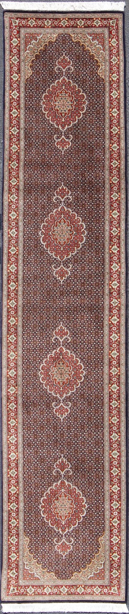 N15 - 0701, Vintage Persian Tabriz Runner - This Semi Antique Tabriz runner is hand - woven of wool and silk features a repeating medallion design rendered in red and brown tones. 2'7 X 12' - Keivan Woven ArtsN15 - 0701 - 6588Rug