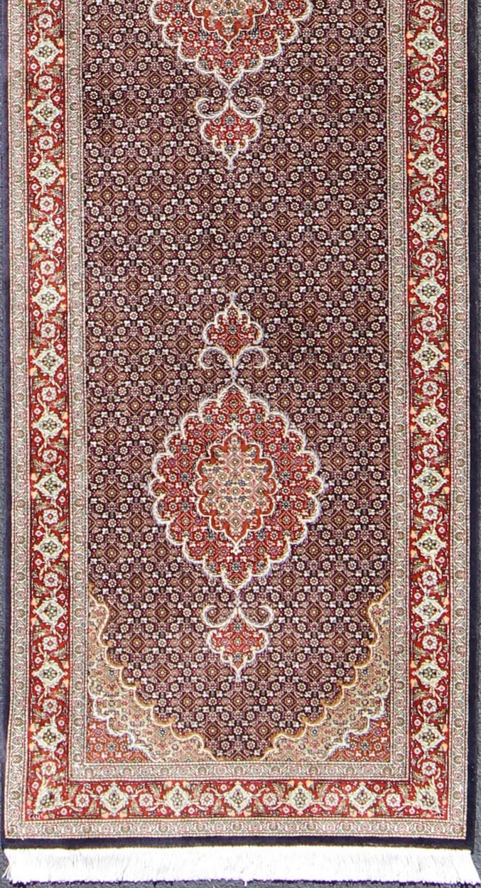 N15 - 0701, Vintage Persian Tabriz Runner - This Semi Antique Tabriz runner is hand - woven of wool and silk features a repeating medallion design rendered in red and brown tones. 2'7 X 12' - Keivan Woven ArtsN15 - 0701 - 6588Rug