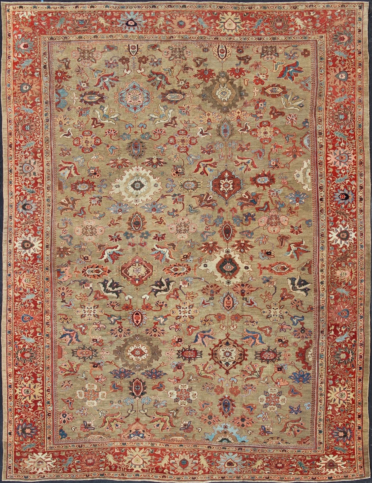 Antique Persian Large Ziegler Sultanabad Rug with Tan Background & Red Border. Tan background Ziegler Persian Sultanabad Antique. Keivan Woven Arts / kwarugs/N15 - 1001 Antique Persian Ziegler Sultanabad Rug. Measures: 13'6 x 17' This exceptional a... - Keivan Woven ArtsN15 - 1001 - 6947Rug