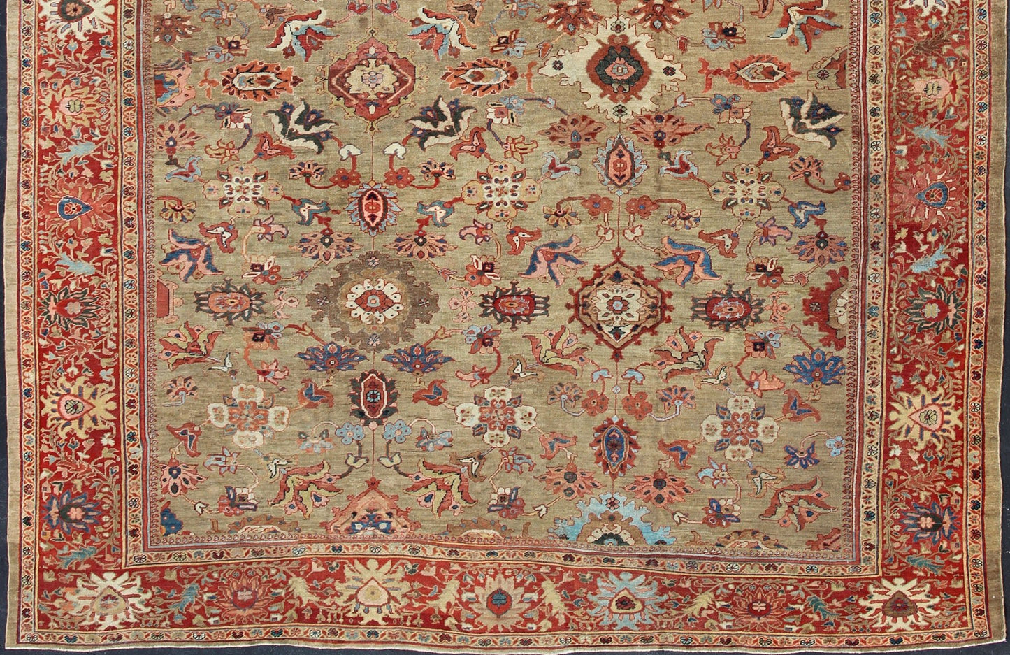 Antique Persian Large Ziegler Sultanabad Rug with Tan Background & Red Border. Tan background Ziegler Persian Sultanabad Antique. Keivan Woven Arts / kwarugs/N15 - 1001 Antique Persian Ziegler Sultanabad Rug. Measures: 13'6 x 17' This exceptional a... - Keivan Woven ArtsN15 - 1001 - 6947Rug