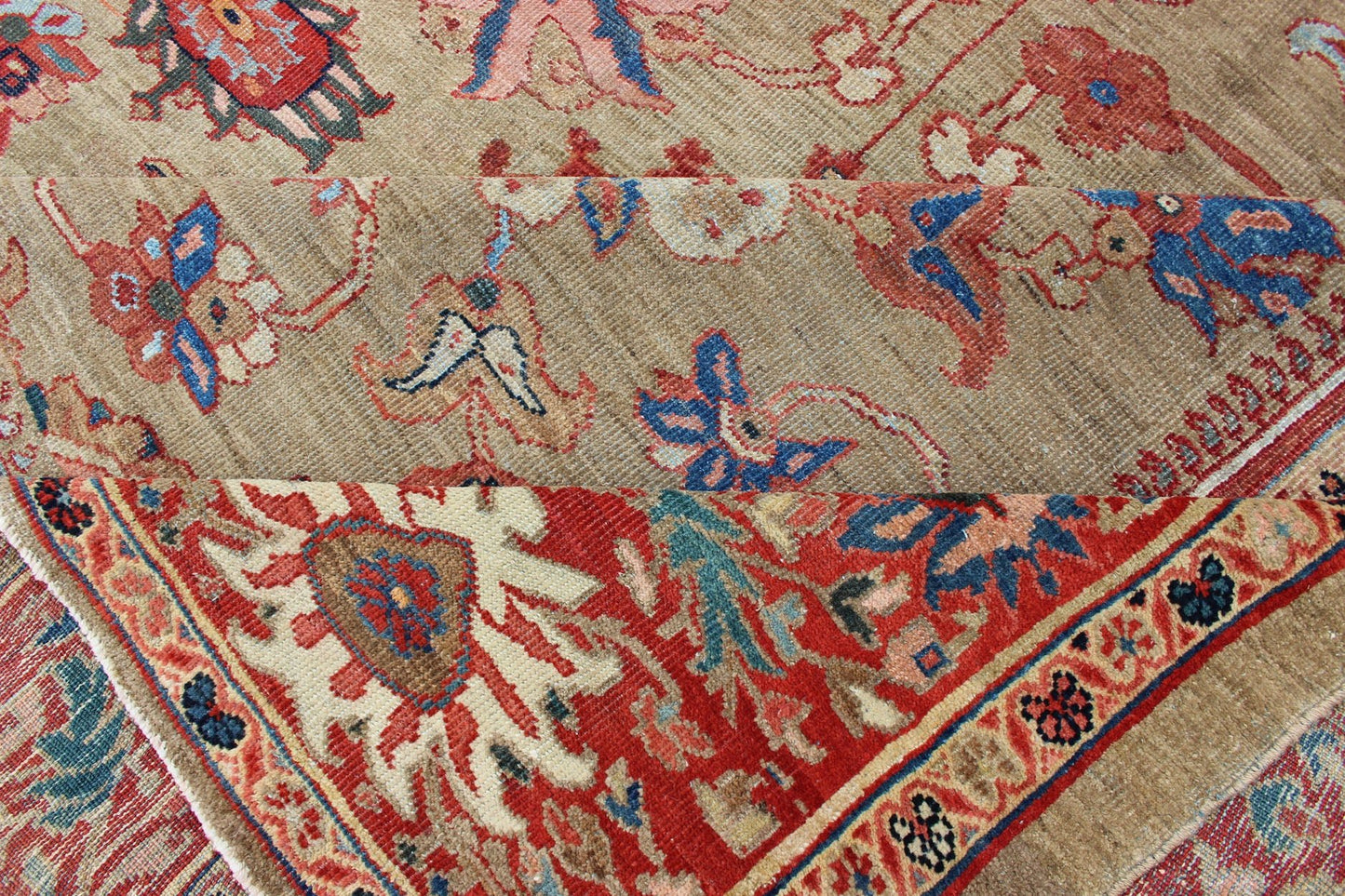 Antique Persian Large Ziegler Sultanabad Rug with Tan Background & Red Border. Tan background Ziegler Persian Sultanabad Antique. Keivan Woven Arts / kwarugs/N15 - 1001 Antique Persian Ziegler Sultanabad Rug. Measures: 13'6 x 17' This exceptional a... - Keivan Woven ArtsN15 - 1001 - 6947Rug
