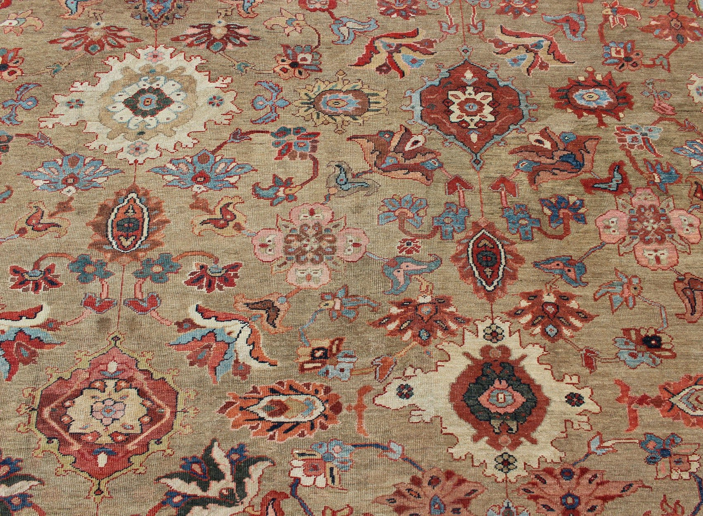 Antique Persian Large Ziegler Sultanabad Rug with Tan Background & Red Border. Tan background Ziegler Persian Sultanabad Antique. Keivan Woven Arts / kwarugs/N15 - 1001 Antique Persian Ziegler Sultanabad Rug. Measures: 13'6 x 17' This exceptional a... - Keivan Woven ArtsN15 - 1001 - 6947Rug
