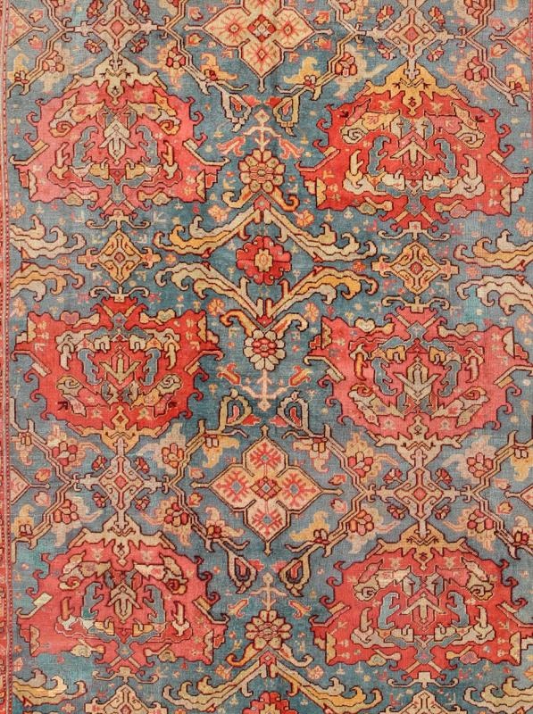 Antique Colorful Turkish Oushak Rug with Teal Color This wonderful Turkish Oushak rug is set on a teal - blue background. The eight over - sized medallions are opulent with two shades of coral and the same accent colors in the center field. The back... - Keivan Woven ArtsN15 - 1003 - 7014Rug