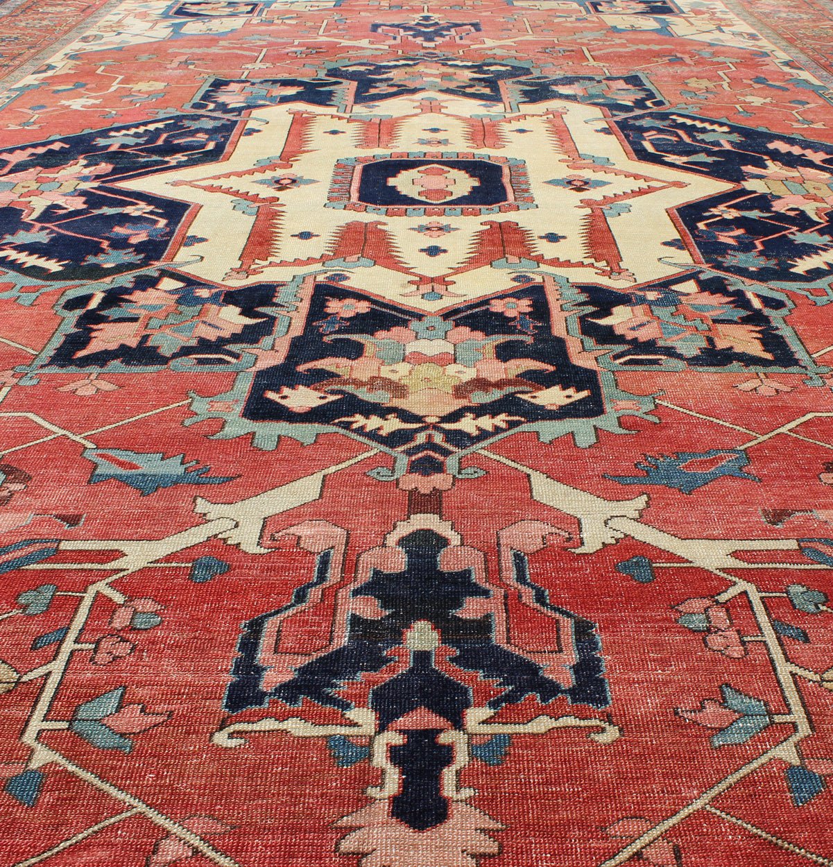 Large Antique Persian Serapi Rug in Faded Red, Teal, Navy Blue, and Ivory with Large Geometric Medallion, antique Persian Serapi rug / N15 - 1203, country of origin / type: Iran / Serapi Serapi rugs are known as the finest rugs produced in the Her... - Keivan Woven ArtsN15 - 1203 - 8846Rug