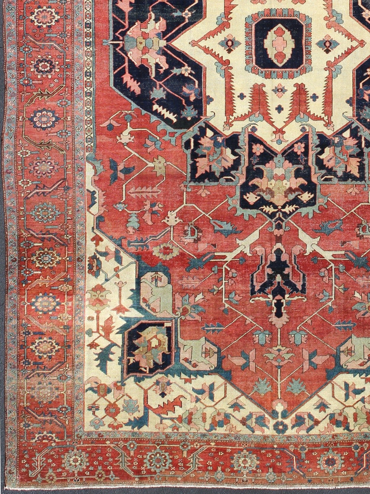 Large Antique Persian Serapi Rug in Faded Red, Teal, Navy Blue, and Ivory with Large Geometric Medallion, antique Persian Serapi rug / N15 - 1203, country of origin / type: Iran / Serapi Serapi rugs are known as the finest rugs produced in the Her... - Keivan Woven ArtsN15 - 1203 - 8846Rug