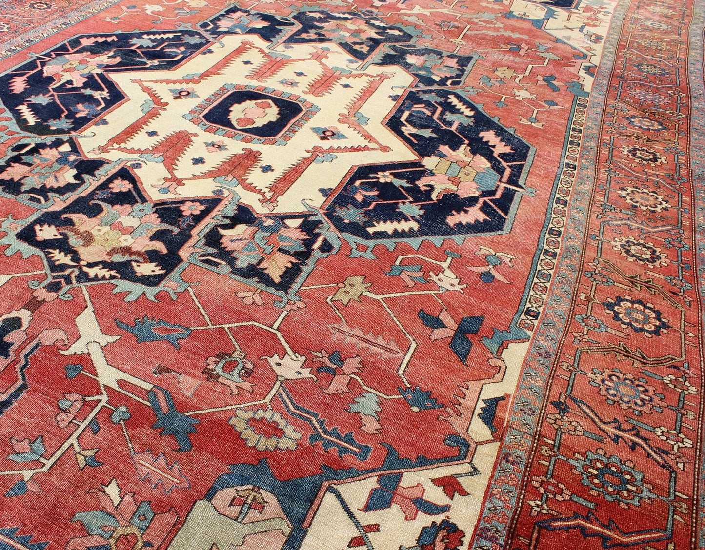 Large Antique Persian Serapi Rug in Faded Red, Teal, Navy Blue, and Ivory with Large Geometric Medallion, antique Persian Serapi rug / N15 - 1203, country of origin / type: Iran / Serapi Serapi rugs are known as the finest rugs produced in the Her... - Keivan Woven ArtsN15 - 1203 - 8846Rug