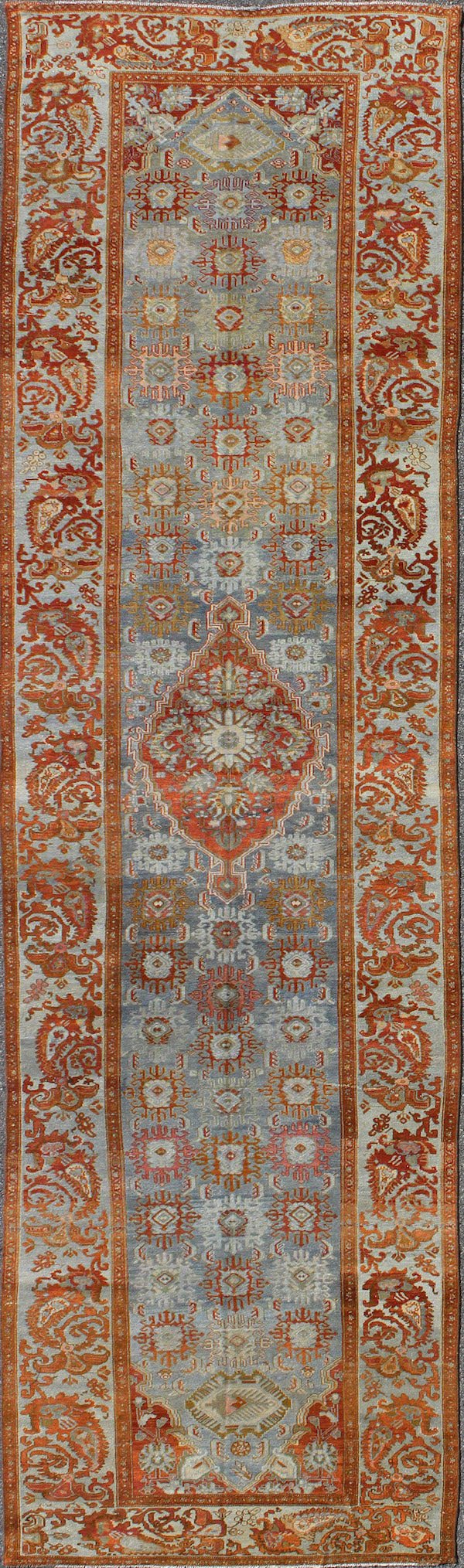 Grandoise Antique Gallery Malayer Persian Runner This magnificent antique Persian Malayer carpet, of an impressive size, bears a beautiful, all - over Sub - geometric design paired with a delightful palette of burnt orange, various blues and a very ... - Keivan Woven ArtsNA - 160068 - 8002Rug