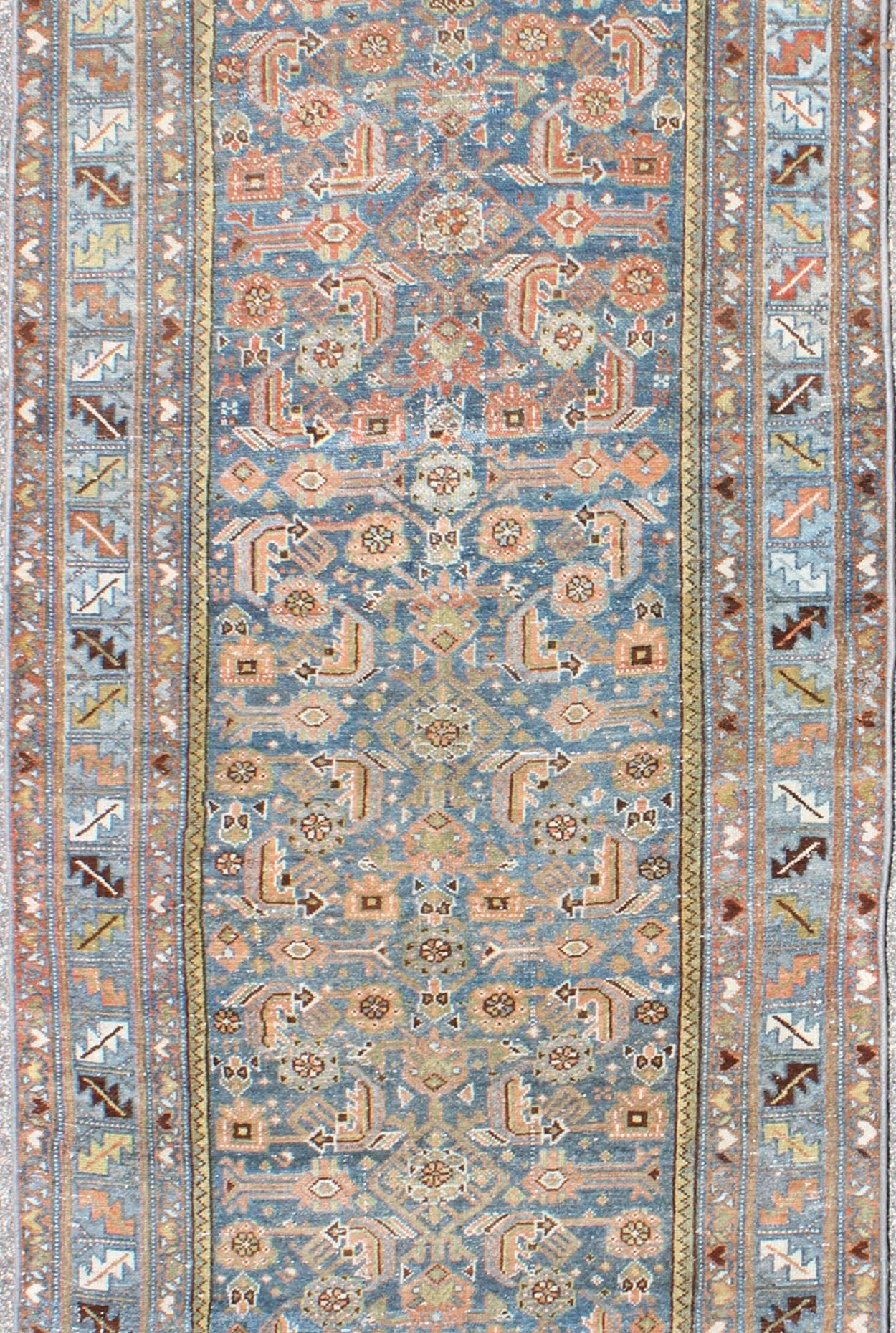 Antique Persian Malayer Runner in Light Blue and Salmon Pink, rug na - 170200, country of origin / type: Iran / Malayer, circa 1910. This magnificent antique Persian Malayer runner (circa 1910) bears a beautiful, all - over sub geometric design pair... - Keivan Woven ArtsNA - 170200 - 8201Rug