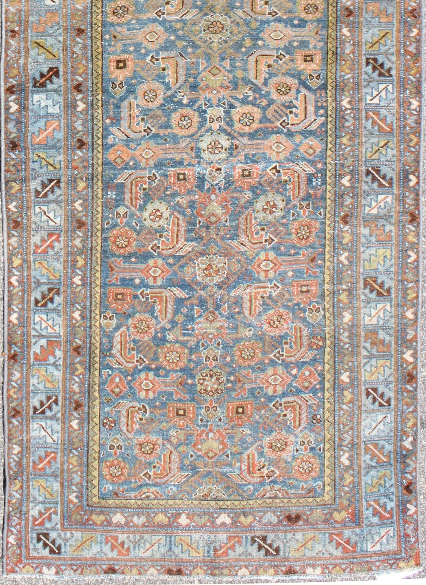 Antique Persian Malayer Runner in Light Blue and Salmon Pink, rug na - 170200, country of origin / type: Iran / Malayer, circa 1910. This magnificent antique Persian Malayer runner (circa 1910) bears a beautiful, all - over sub geometric design pair... - Keivan Woven ArtsNA - 170200 - 8201Rug