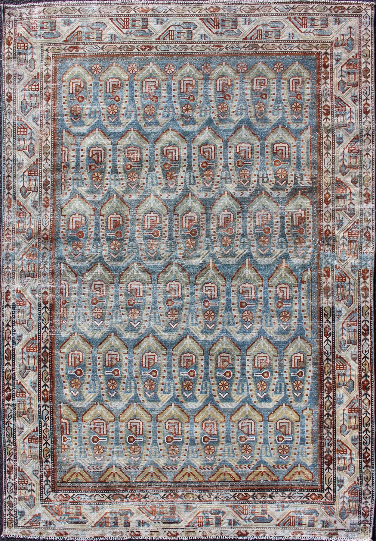 Blue and red Persian antique Malayer Rug with sub - geometric Paisley design, rug na - 180382, country of origin or type: Iran / Malayer, circa 1920. This magnificent antique Persian Malayer rug (circa 1920) bears a beautiful, expansive, all - over su... - Keivan Woven ArtsNA - 180382 - 10504Rug