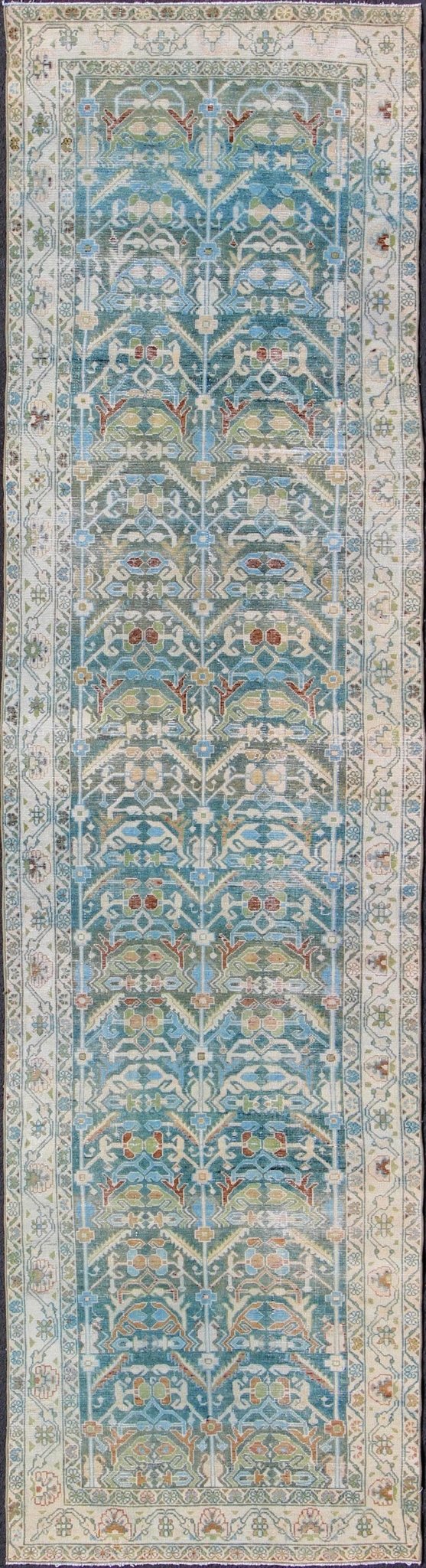 Antique Persian Malayer Runner in Shades of Blue and Green with Tribal Design kwarugs Antique Persian Malayer runner in shades of blue and green with flowing tribal design, rug na - 180748, country of origin / type: Iran / Malayer, circa 1920. ... - Keivan Woven ArtsNA - 180748 - 10516Rug