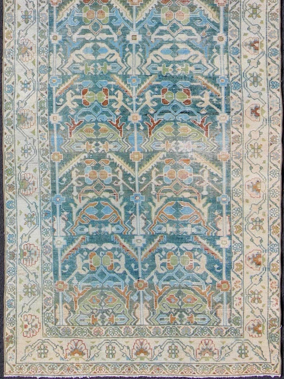 Antique Persian Malayer Runner in Shades of Blue and Green with Tribal Design kwarugs Antique Persian Malayer runner in shades of blue and green with flowing tribal design, rug na - 180748, country of origin / type: Iran / Malayer, circa 1920. ... - Keivan Woven ArtsNA - 180748 - 10516Rug
