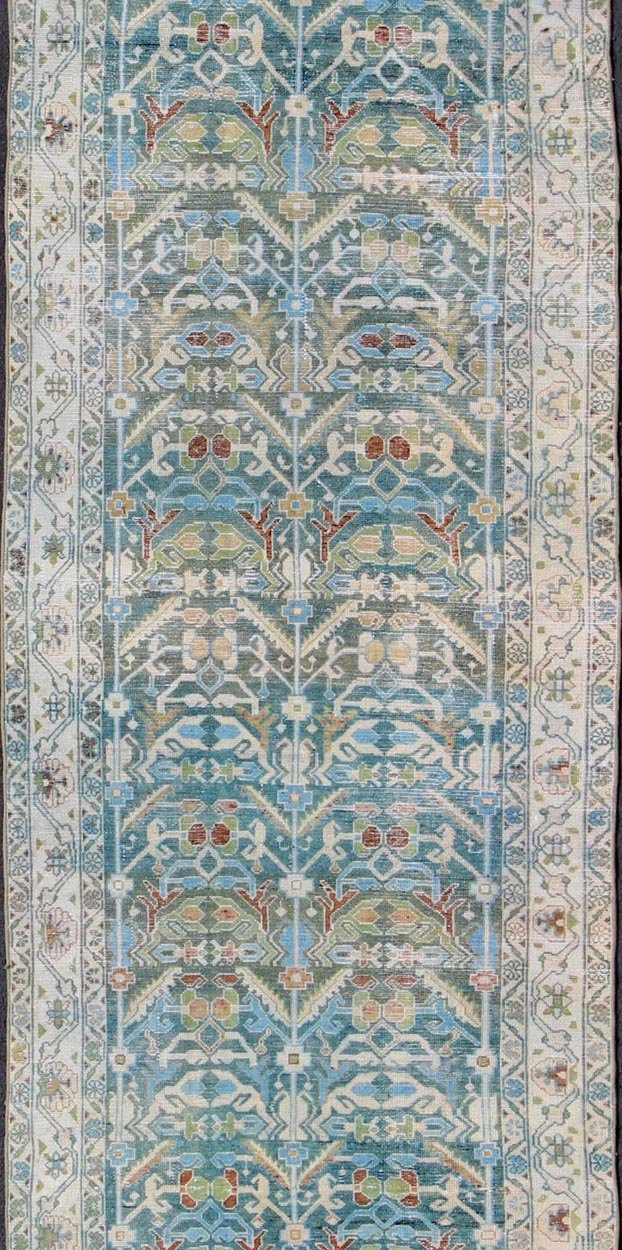 Antique Persian Malayer Runner in Shades of Blue and Green with Tribal Design kwarugs Antique Persian Malayer runner in shades of blue and green with flowing tribal design, rug na - 180748, country of origin / type: Iran / Malayer, circa 1920. ... - Keivan Woven ArtsNA - 180748 - 10516Rug