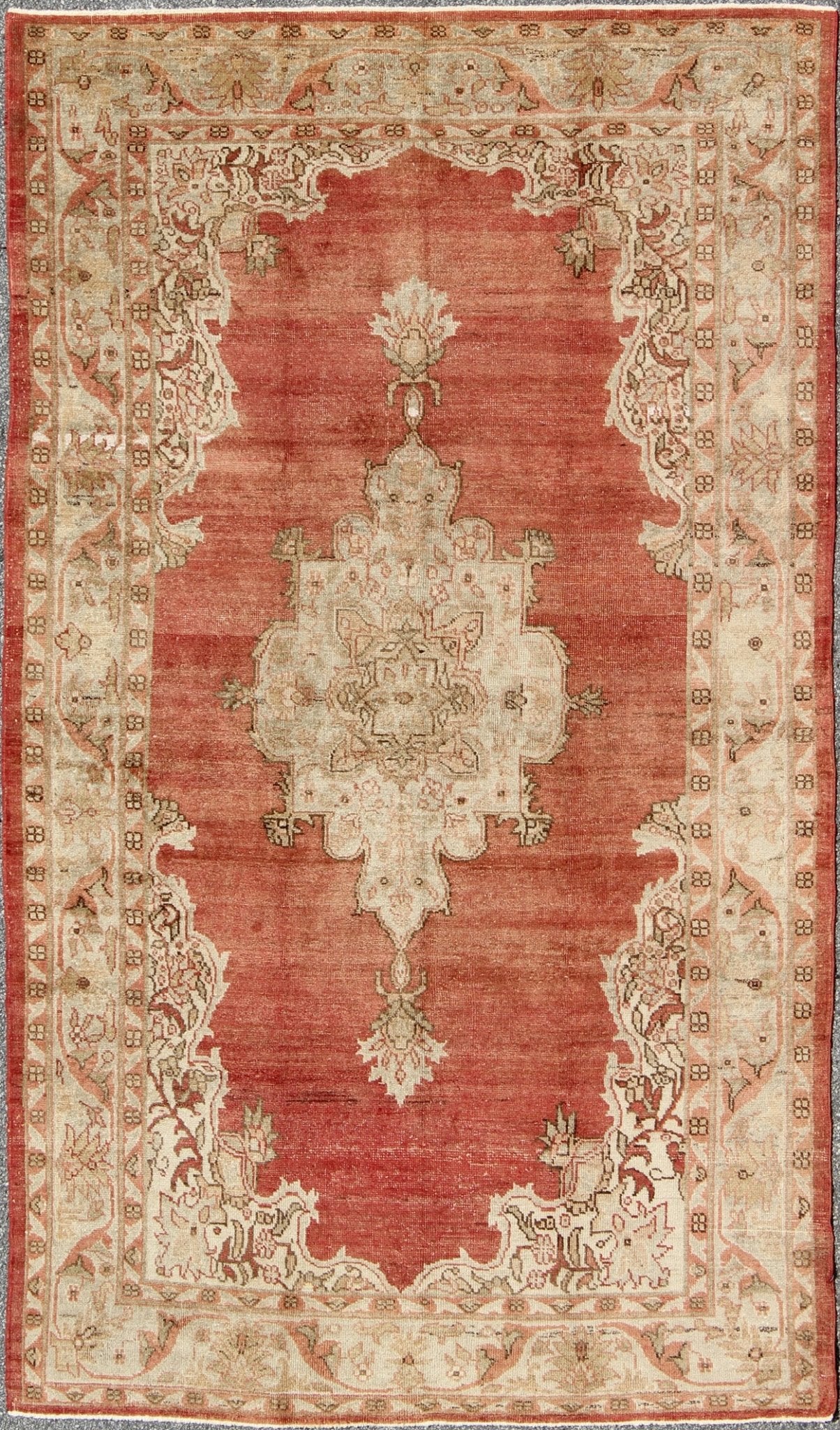 Antique Turkish Oushak Medallion Rug in Soft Red Background, Taupe & Pale Green. Antique Turkish medallion Oushak Rug in Soft Red, Taupe and Light Green. Rug/NA - 41953, 1930's Oushak antique Turkish Rug in Soft Red Background, Taupe & Pale Green... - Keivan Woven ArtsNA - 41953 - 2225Rug