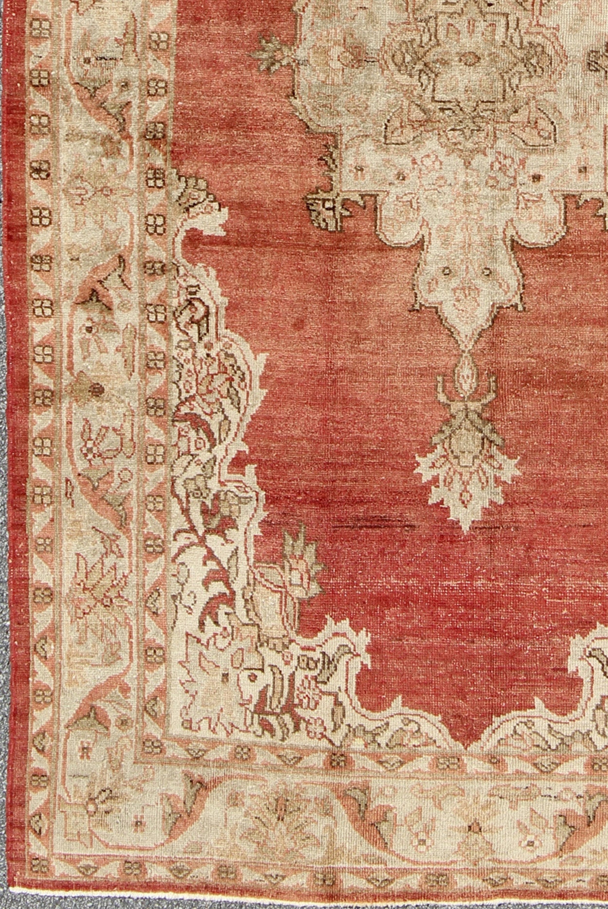 Antique Turkish Oushak Medallion Rug in Soft Red Background, Taupe & Pale Green. Antique Turkish medallion Oushak Rug in Soft Red, Taupe and Light Green. Rug/NA - 41953, 1930's Oushak antique Turkish Rug in Soft Red Background, Taupe & Pale Green... - Keivan Woven ArtsNA - 41953 - 2225Rug