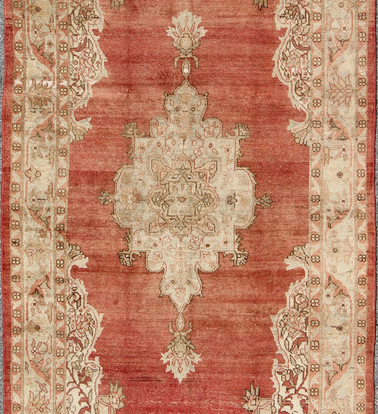 Antique Turkish Oushak Medallion Rug in Soft Red Background, Taupe & Pale Green. Antique Turkish medallion Oushak Rug in Soft Red, Taupe and Light Green. Rug/NA - 41953, 1930's Oushak antique Turkish Rug in Soft Red Background, Taupe & Pale Green... - Keivan Woven ArtsNA - 41953 - 2225Rug