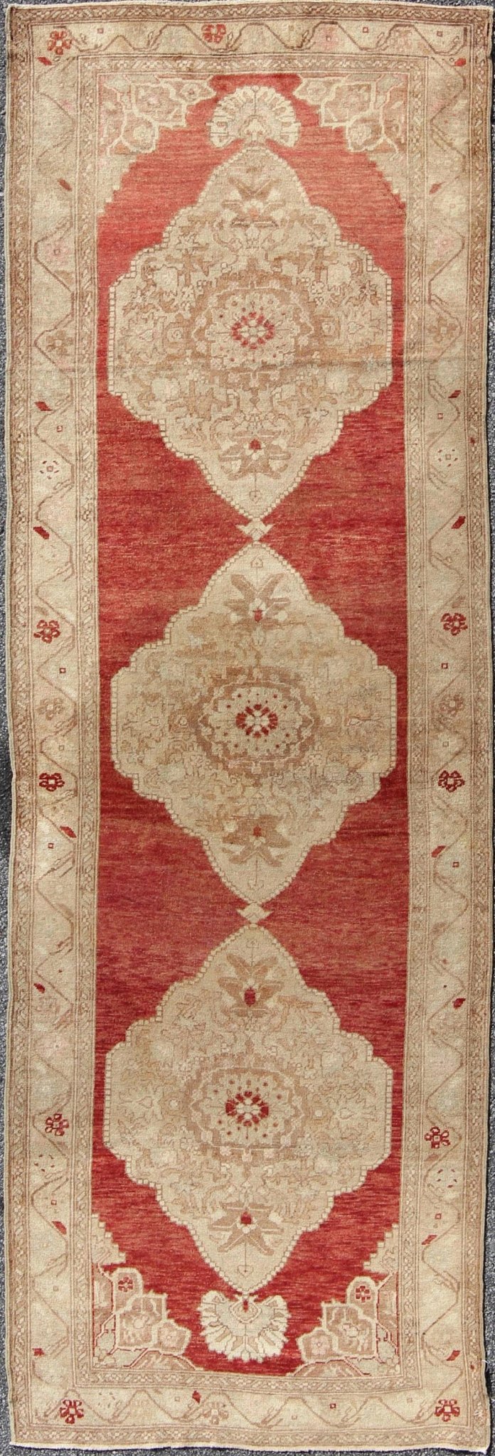 Red Background Vintage Turkish Oushak Gallery Runner with Three Taupe Medallions, rug na - 54279, country of origin / type: Turkey / Oushak, circa mid - 20th century This beautiful vintage Oushak runner from mid - 20th Century Turkey features a Classi... - Keivan Woven ArtsNA - 54279 - 1408Rug