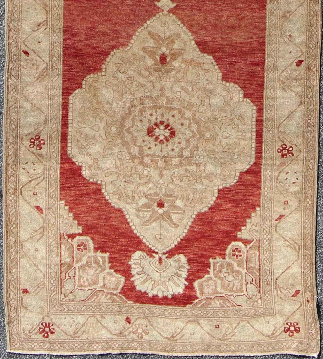 Red Background Vintage Turkish Oushak Gallery Runner with Three Taupe Medallions, rug na - 54279, country of origin / type: Turkey / Oushak, circa mid - 20th century This beautiful vintage Oushak runner from mid - 20th Century Turkey features a Classi... - Keivan Woven ArtsNA - 54279 - 1408Rug