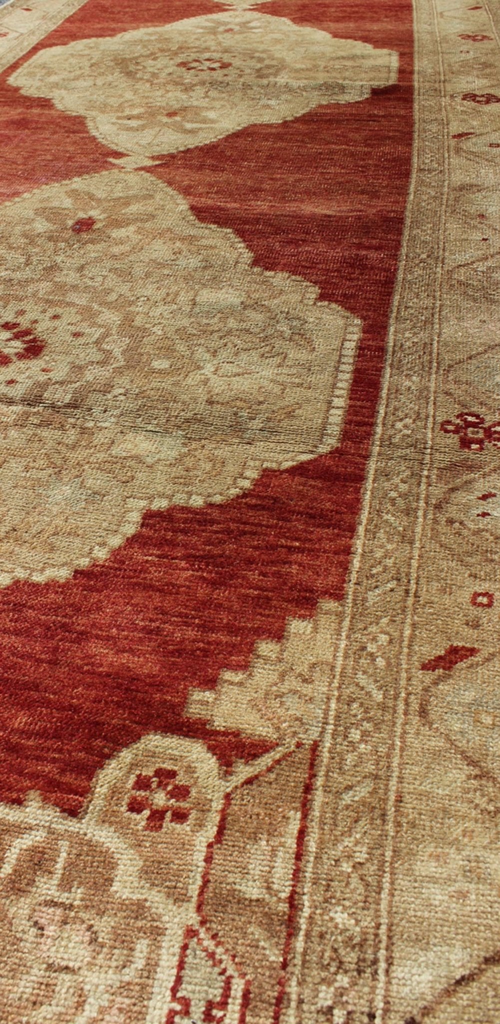 Red Background Vintage Turkish Oushak Gallery Runner with Three Taupe Medallions, rug na - 54279, country of origin / type: Turkey / Oushak, circa mid - 20th century This beautiful vintage Oushak runner from mid - 20th Century Turkey features a Classi... - Keivan Woven ArtsNA - 54279 - 1408Rug