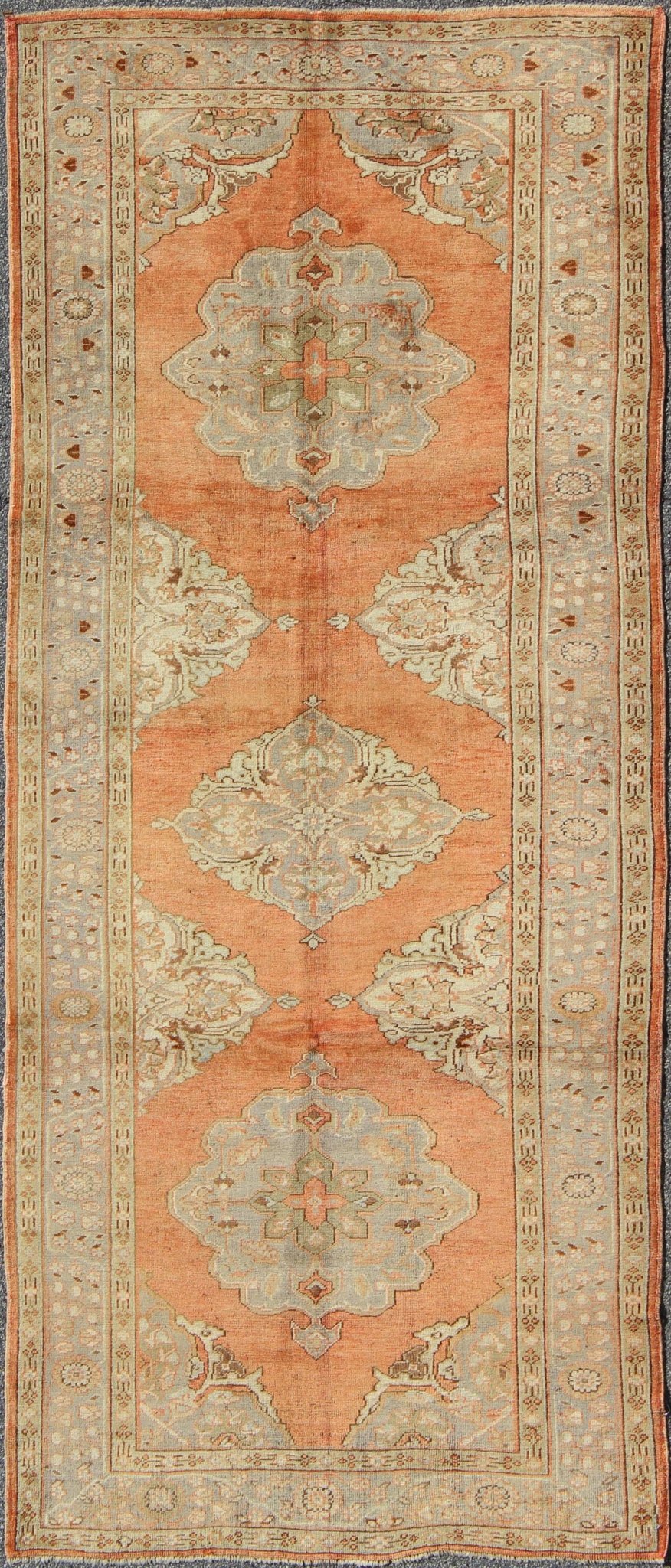 Vintage Turkish Gallery Rug with Three Floral Medallions in Red, Ivory & Gray, rug na - 54510, country of origin / type: Turkey / Oushak, circa mid - 20th century This beautiful vintage Oushak runner from mid - 20th Century Turkey features a Classic O... - Keivan Woven ArtsNA - 54510 - 992Rug