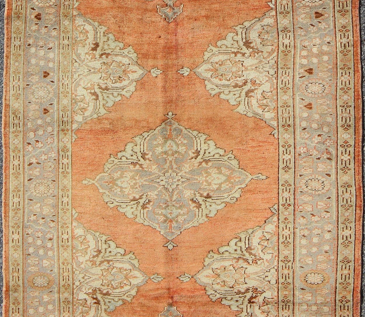 Vintage Turkish Gallery Rug with Three Floral Medallions in Red, Ivory & Gray, rug na - 54510, country of origin / type: Turkey / Oushak, circa mid - 20th century This beautiful vintage Oushak runner from mid - 20th Century Turkey features a Classic O... - Keivan Woven ArtsNA - 54510 - 992Rug