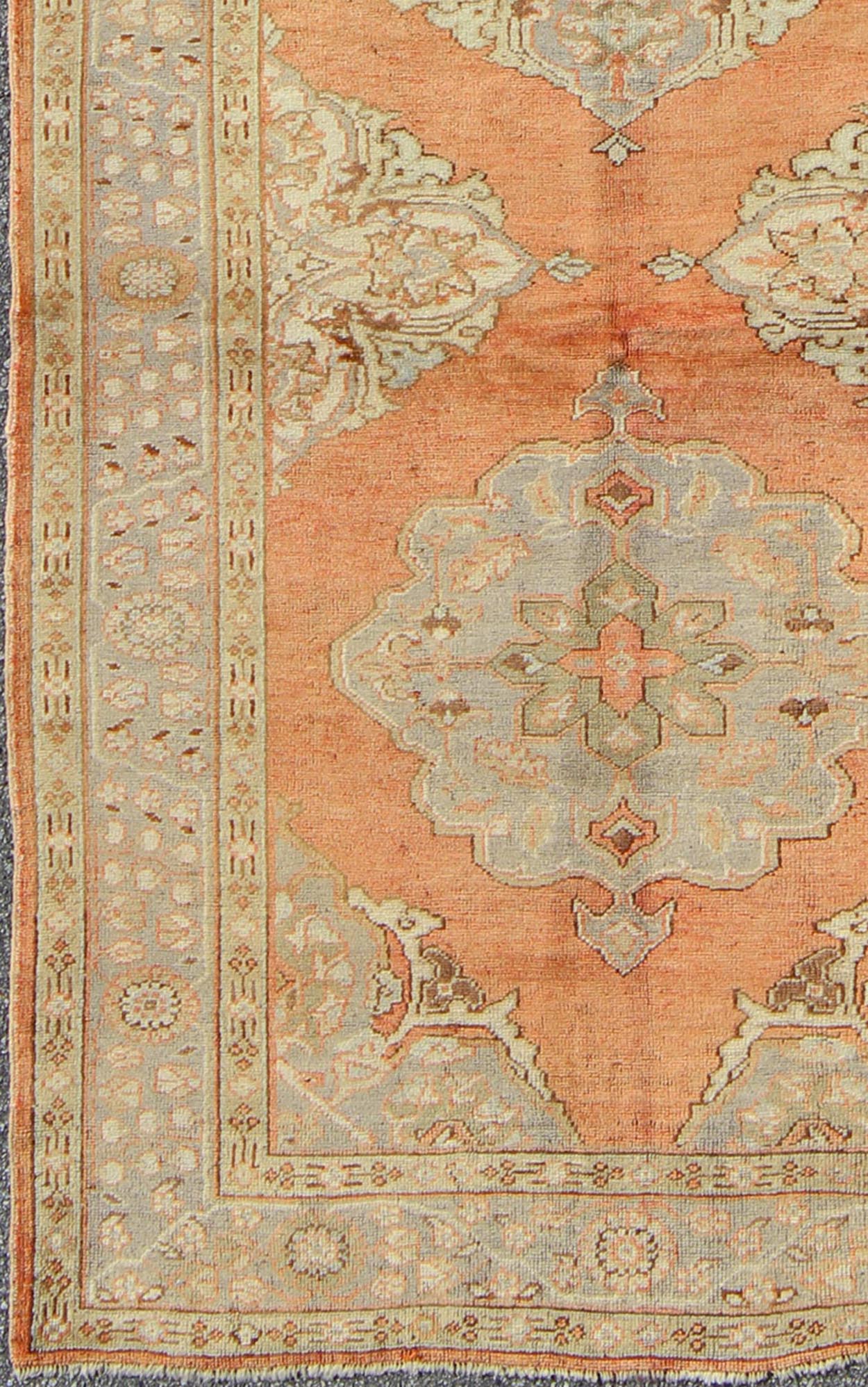Vintage Turkish Gallery Rug with Three Floral Medallions in Red, Ivory & Gray, rug na - 54510, country of origin / type: Turkey / Oushak, circa mid - 20th century This beautiful vintage Oushak runner from mid - 20th Century Turkey features a Classic O... - Keivan Woven ArtsNA - 54510 - 992Rug