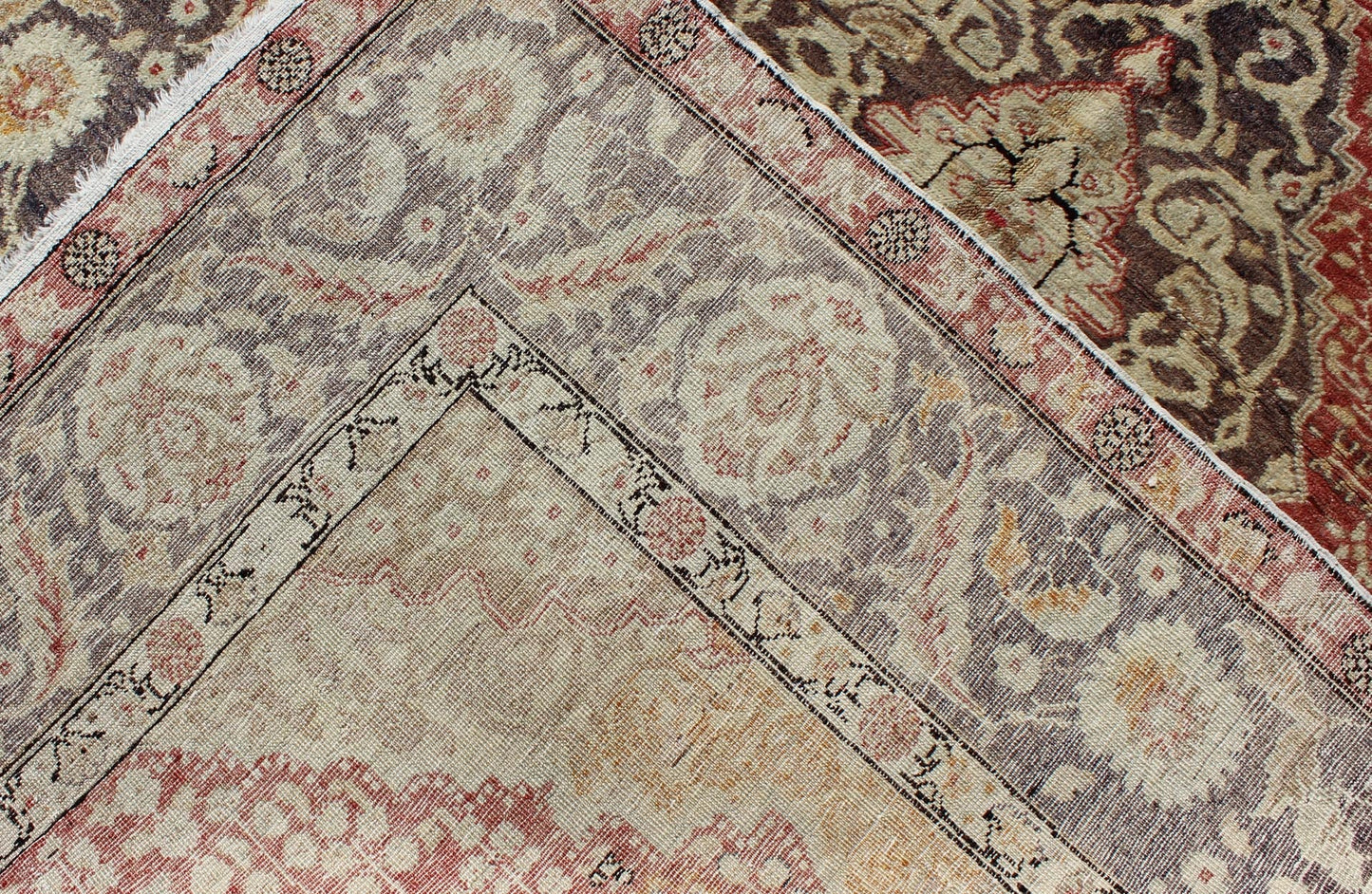 Antique Turkish Oushak Rug with Floral Medallion Design in Red and Charcoal Measures: 4'4 x 7'2 This antique Turkish Oushak carpet features a central medallion design, as well as patterns of smaller floral shapes and botanical elements ... - Keivan Woven ArtsNA - 54563 - 1066Rug