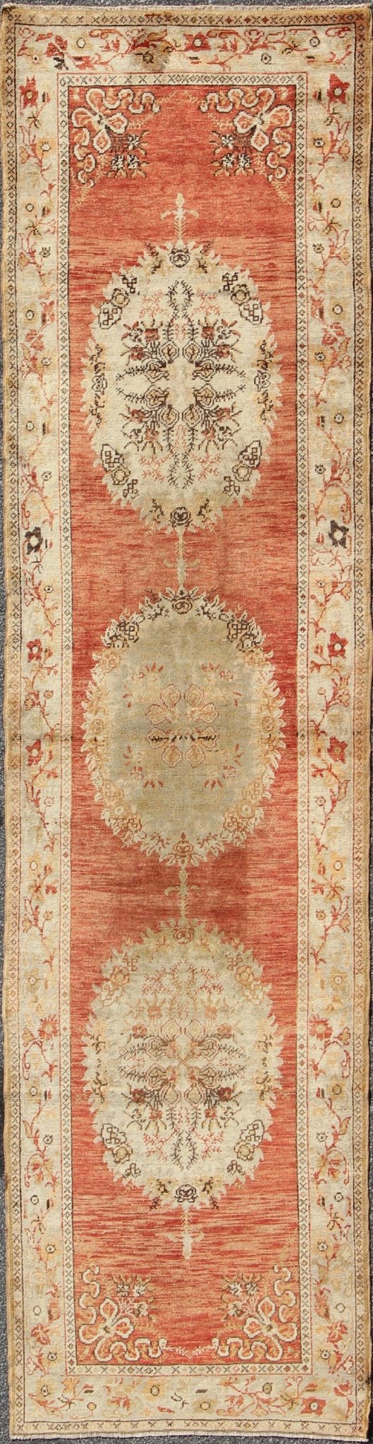 Vintage Turkish Oushak Runner with Floral Medallions in Red, Olive Green & Cream, rug na - 54617, country of origin / type: Turkey / Oushak, circa mid - 20th century This beautiful vintage Oushak runner from mid - 20th Century Turkey features a Classi... - Keivan Woven ArtsNA - 54617 - 1486Rug