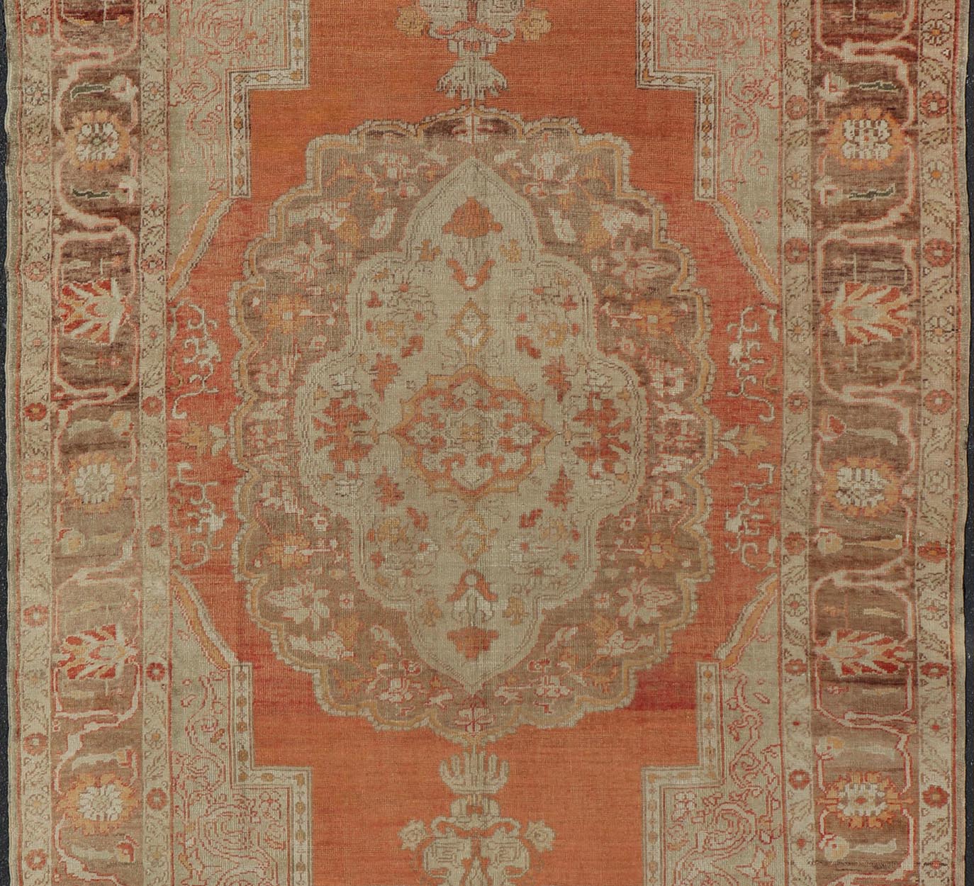 Antique Turkish Oushak Rug with Floral Medallion Burnt Orange and Cream. Keivan Woven Arts / rug NA - 639810, country of origin / type: Turkey / Oushak, circa 1910 Measures: 8'2 x 12'11. This antique Turkish Oushak carpet (circa 1910) features a fl... - Keivan Woven ArtsNA - 639810 - 723Rug