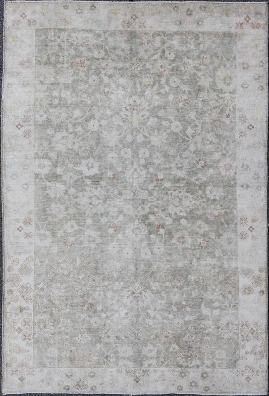 1930's Vintage Turkish Muted Oushak with All - Over Floral Design and Border Measures: 6'9 x 9'9 Country of Origin: Turkey; Type: Oushak; Design: All - Over, Floral; Keivan Woven Arts: rug NA - 75050; 1930's Vintage Turkish Muted Oushak with A... - Keivan Woven ArtsNA - 75050 - 788