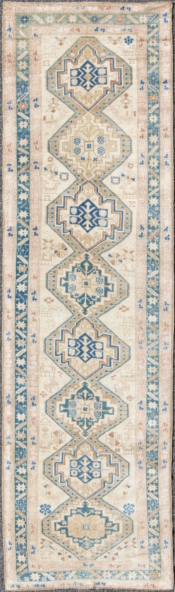 Antique Karabagh Caucasian Rug in Teal, Ivory, Cream & Nude With Stacked Medallions, rug na - 981608, country of origin / type: Turkey / Oushak, circa 1920 This long antique Turkish gallery runner, circa 1920 features a unique blend of colors and ... - Keivan Woven ArtsNA - 981608 - 1492Rug