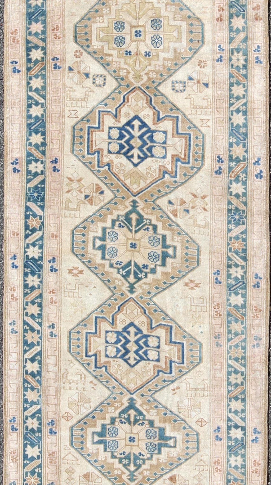 Antique Karabagh Caucasian Rug in Teal, Ivory, Cream & Nude With Stacked Medallions, rug na - 981608, country of origin / type: Turkey / Oushak, circa 1920 This long antique Turkish gallery runner, circa 1920 features a unique blend of colors and ... - Keivan Woven ArtsNA - 981608 - 1492Rug