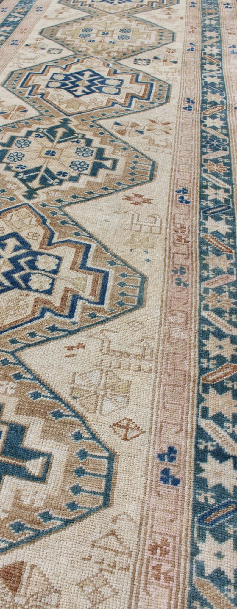Antique Karabagh Caucasian Rug in Teal, Ivory, Cream & Nude With Stacked Medallions, rug na - 981608, country of origin / type: Turkey / Oushak, circa 1920 This long antique Turkish gallery runner, circa 1920 features a unique blend of colors and ... - Keivan Woven ArtsNA - 981608 - 1492Rug