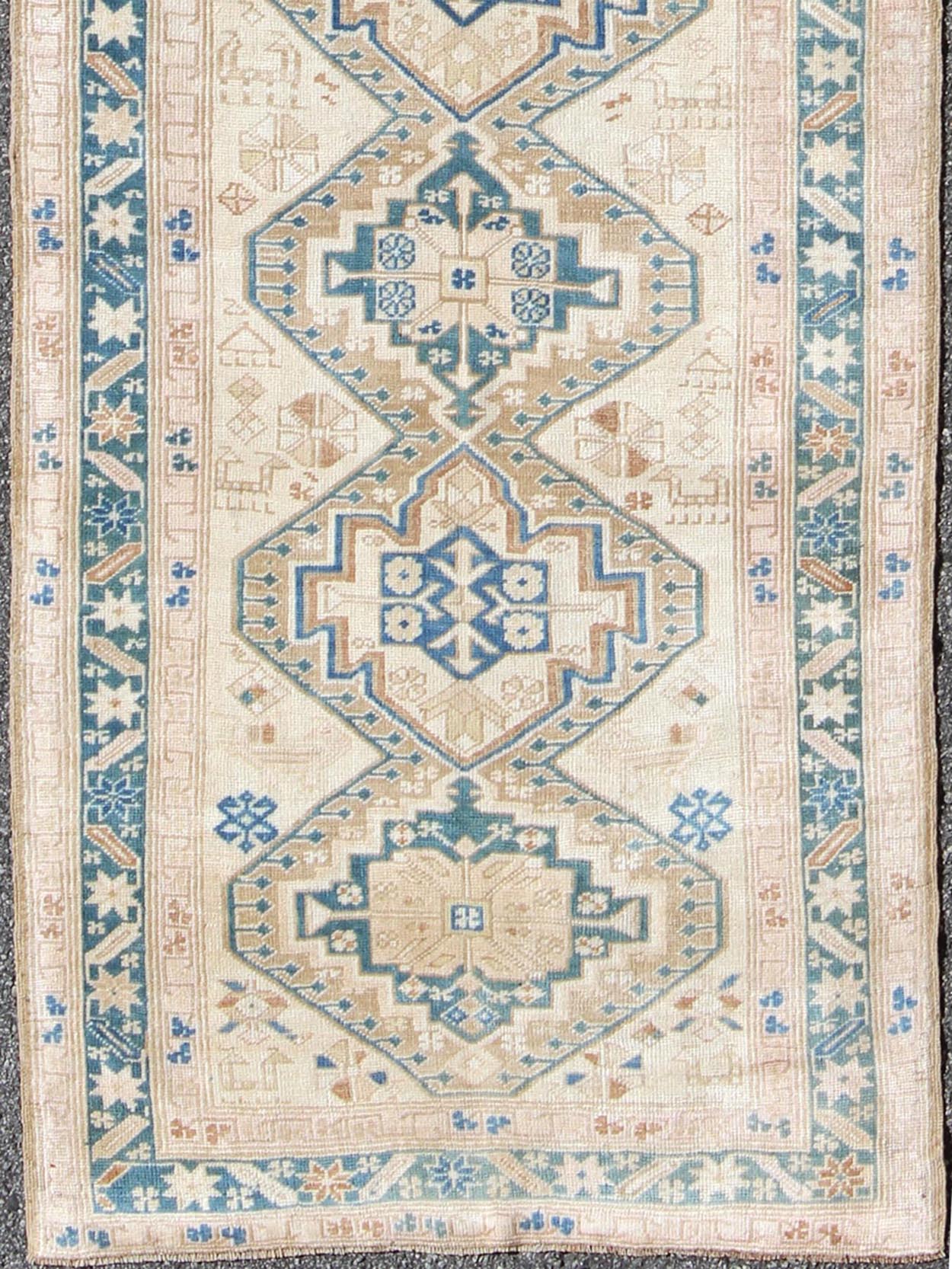 Antique Karabagh Caucasian Rug in Teal, Ivory, Cream & Nude With Stacked Medallions, rug na - 981608, country of origin / type: Turkey / Oushak, circa 1920 This long antique Turkish gallery runner, circa 1920 features a unique blend of colors and ... - Keivan Woven ArtsNA - 981608 - 1492Rug