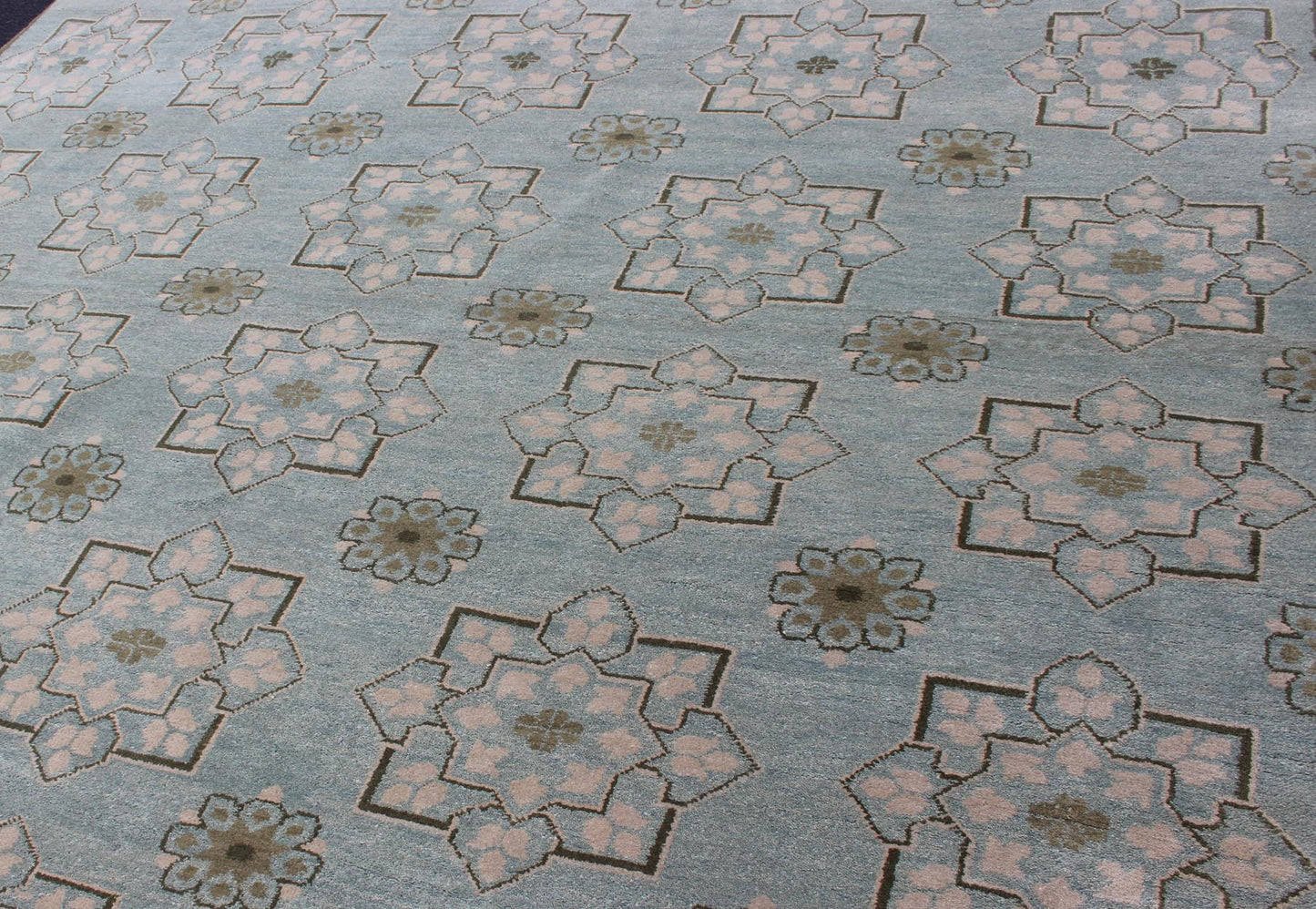 Square Size Modern Transitional Rug in Ice Blue Background and All - Over Design. Square Size Modern Transitional Rug in Ice Blue Background and All - Over Design Transitional rug with Ice blue background with green and neutrals. Keivan Woven Arts/... - Keivan Woven ArtsOB - 103854522 - 84090029 - 11543