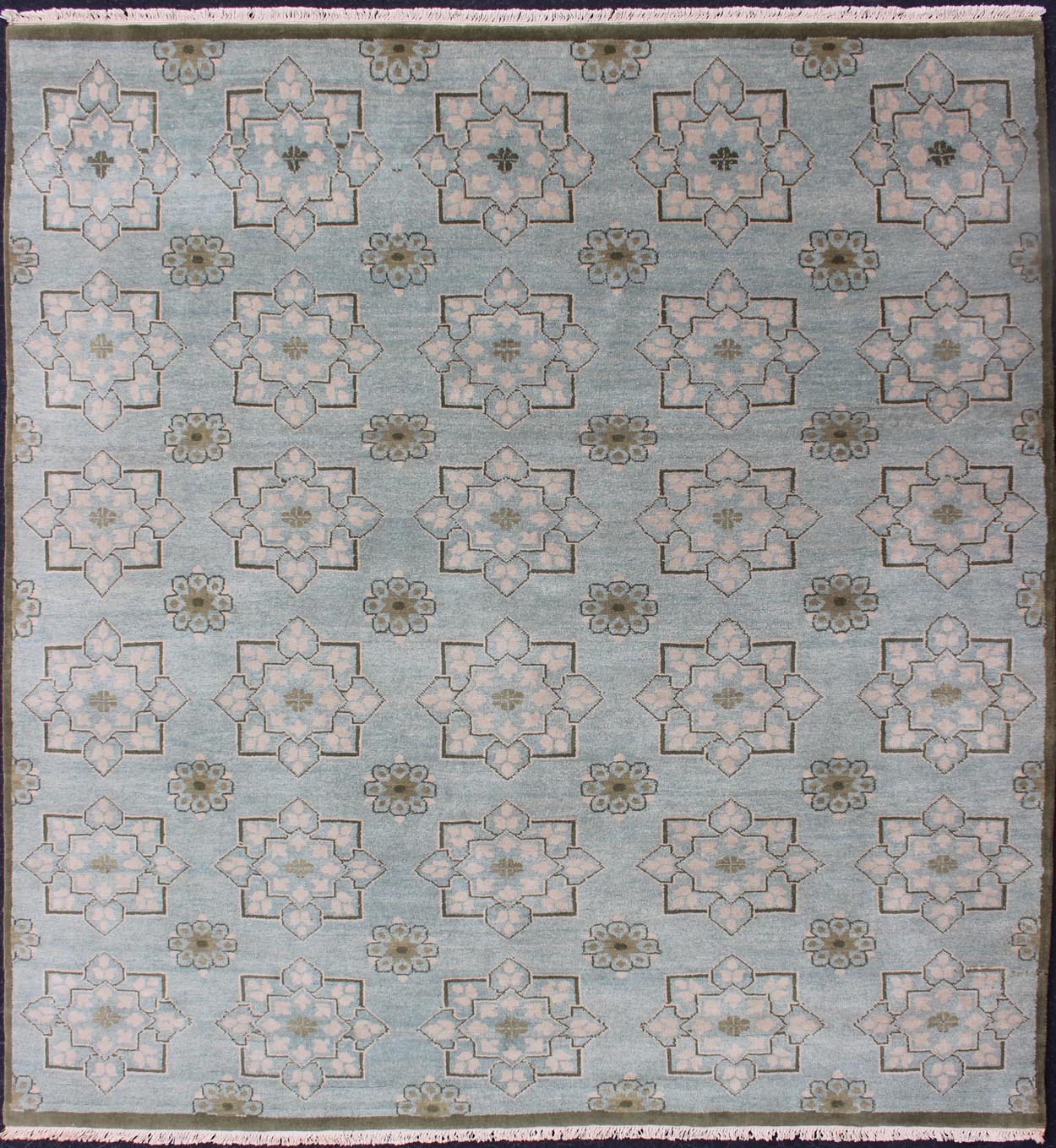 Square Size Modern Transitional Rug in Ice Blue Background and All - Over Design. Square Size Modern Transitional Rug in Ice Blue Background and All - Over Design Transitional rug with Ice blue background with green and neutrals. Keivan Woven Arts/... - Keivan Woven ArtsOB - 103854522 - 84090029 - 11543