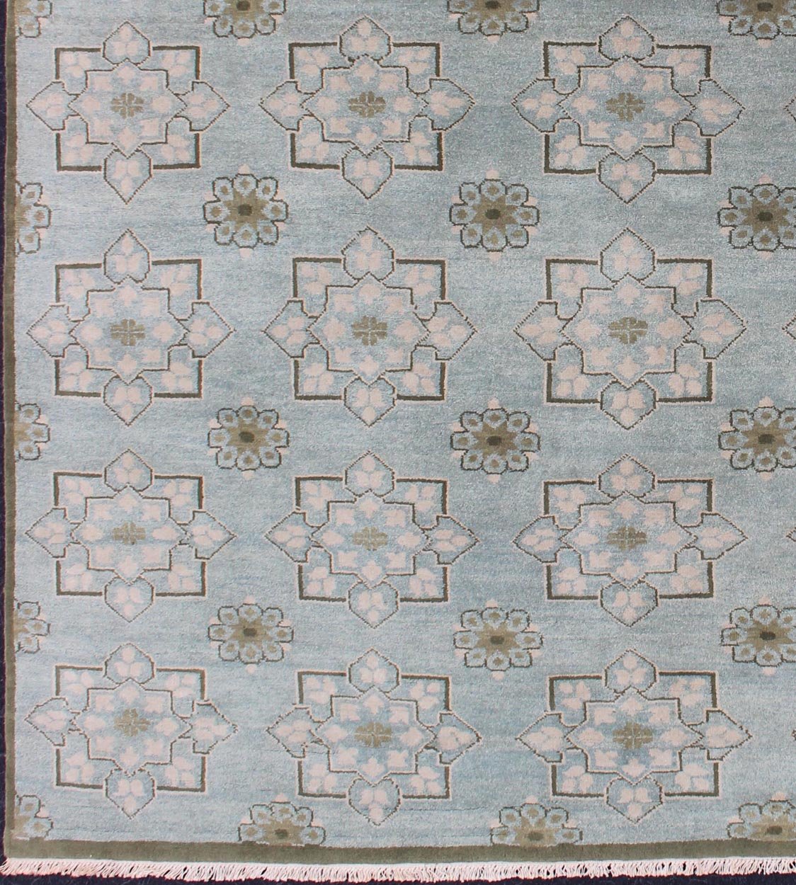 Square Size Modern Transitional Rug in Ice Blue Background and All - Over Design. Square Size Modern Transitional Rug in Ice Blue Background and All - Over Design Transitional rug with Ice blue background with green and neutrals. Keivan Woven Arts/... - Keivan Woven ArtsOB - 103854522 - 84090029 - 11543