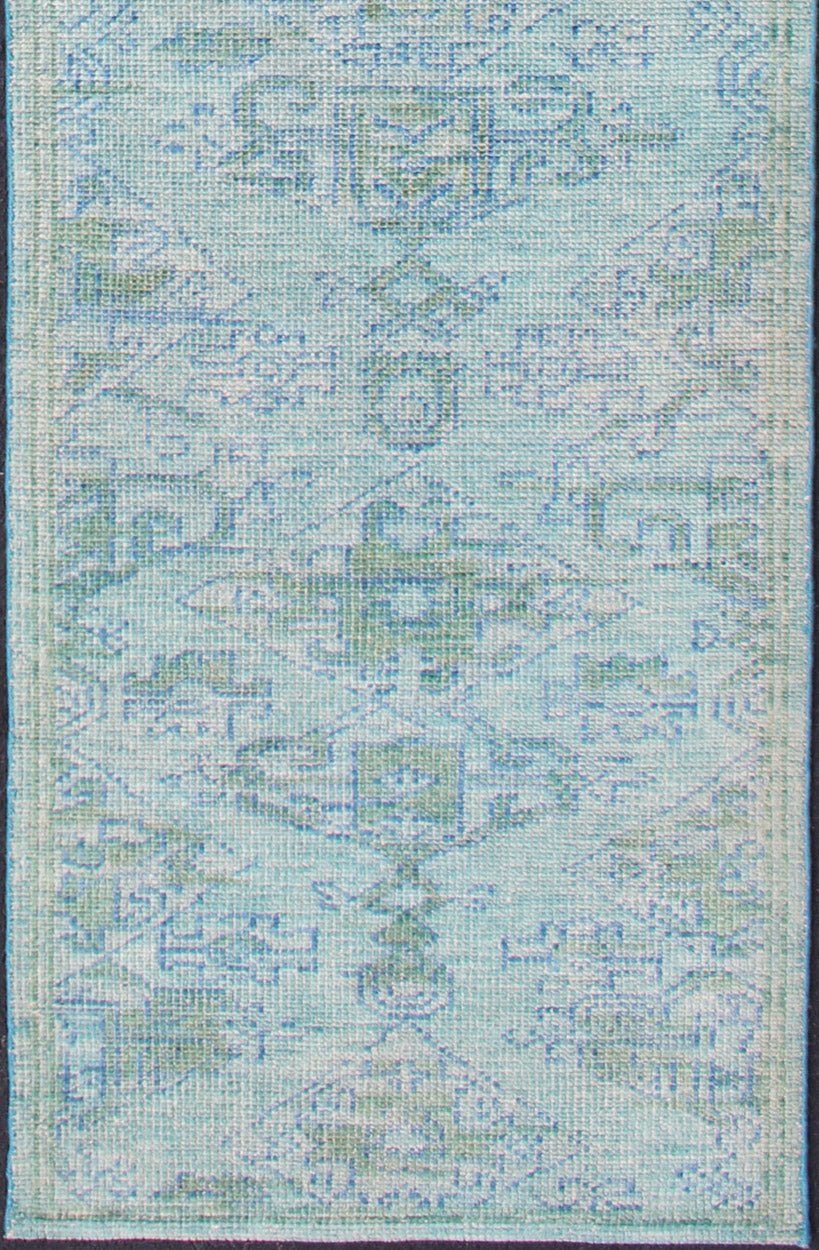 Keivan Woven Arts Modern Oushak Design Runner in Blue, Green, and Yellow Green. Keivan Woven Arts / rug/OB - 10399774, country of origin / type: India / Oushak, circa early - 21st Century. Measures: 2'9 x 12'0 This marvelous Oushak features an medall... - Keivan Woven ArtsOB - 10399774 - 56230160 - 11305Rug