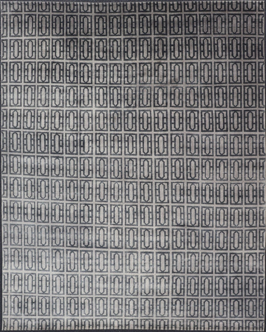 Modern Hand - Knotted Rug in Wool with All - Over Geometric Design in Gray and Black This modern India rug has been hand - knotted in wool and features an all - over geometric design rendered in gray and black tones. A complementary, multi - tiered borde... - Keivan Woven ArtsOB - 106011594 - 12560129 - 15518Rug